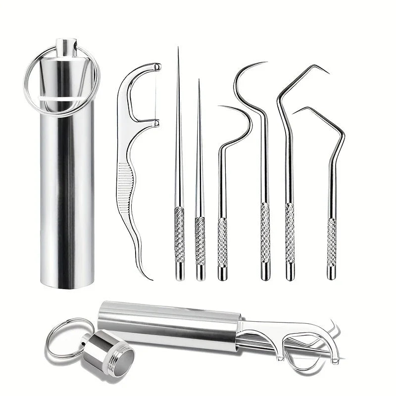 1Set Stainless Steel Toothpick Set Tooth Flossing Reusable Toothpicks Portable Toothpick Floss Teeth Cleaner Oral Cleaning Tools